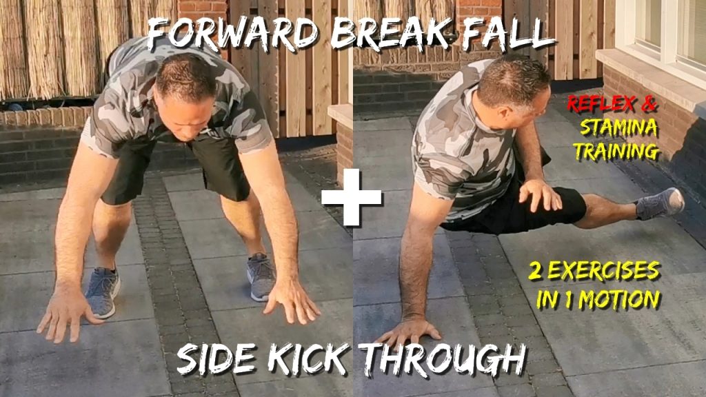 Forward break fall with side kick throughs, front breakfall with high plank to kick through, reflex