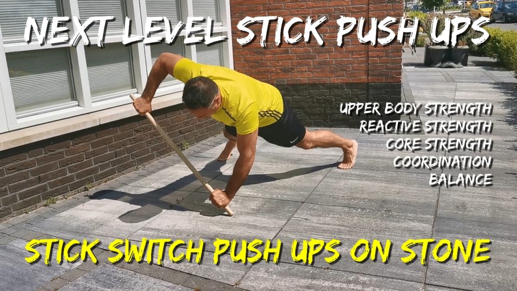 Stick push ups, next level stick switch push ups on stone, crazy balance challenge, pole push ups