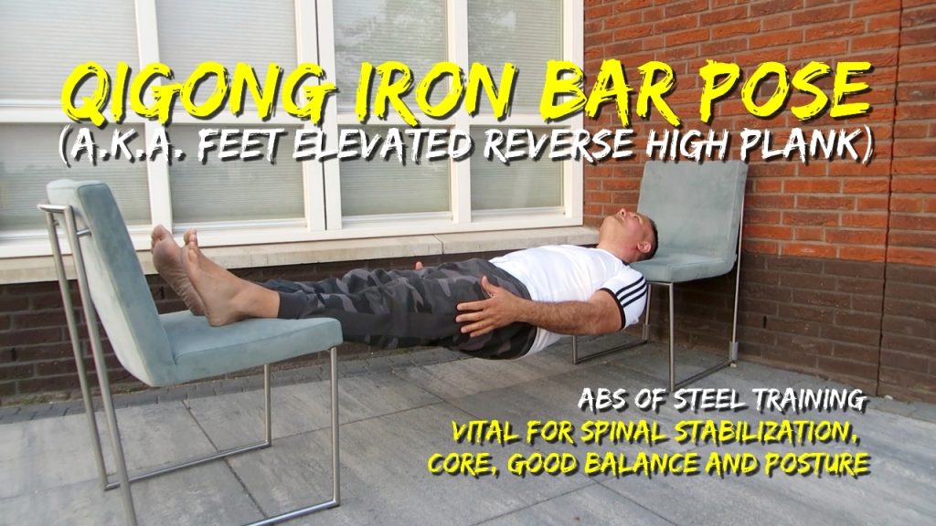 Feet elevated long lever supine plank, reverse high Plank, Qigong iron bar pose, crazy abs of steel