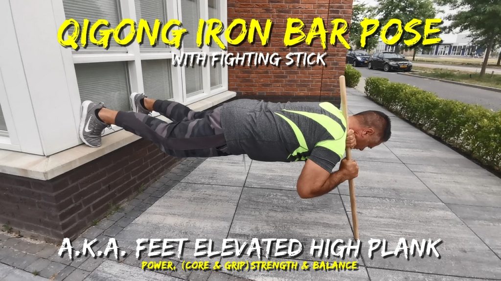 Feet elevated high plank with fighting stick, qigong iron bare pose, no-crunch move, challenge
