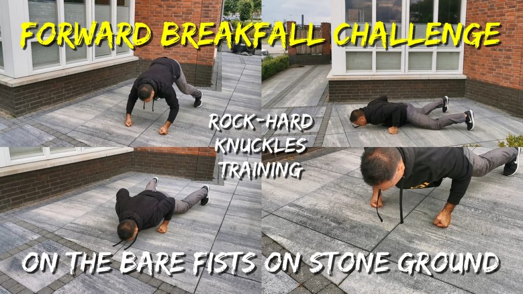 Forward breakfall challenge on the bare fists on stone ground, next level fists of steel training