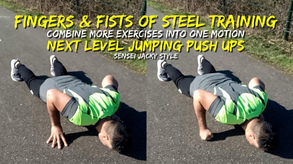 Next level jumping push ups, fingers, fists of steel training on asphalt concrete, compound exercise