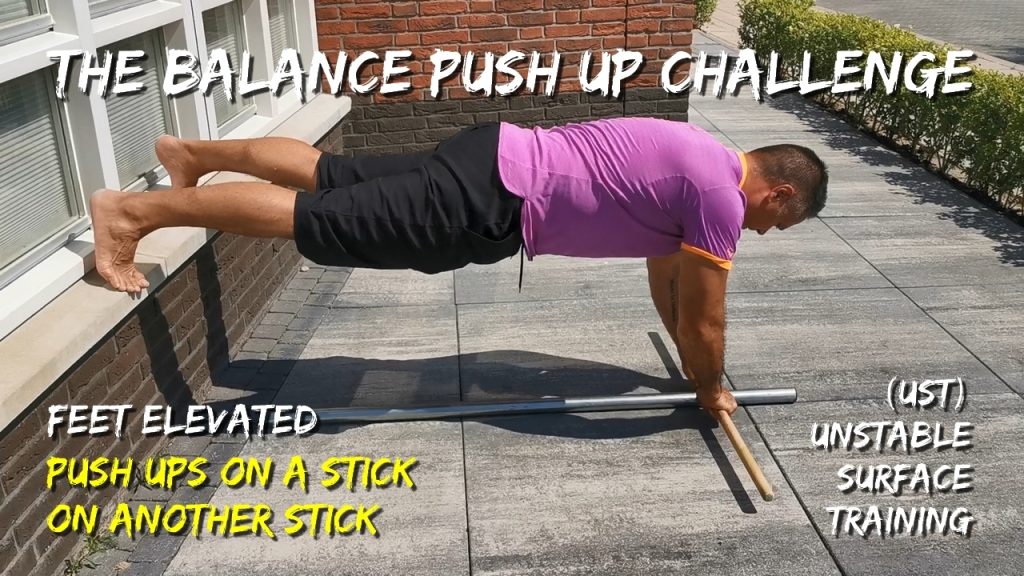 Balance push up challenge, feet elevated stick on stick close grip push ups, core, back, triceps