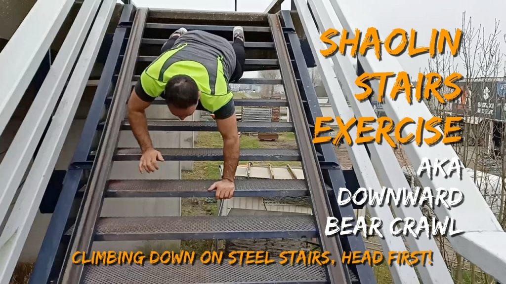 Bear crawl exercise, Shaolin stairs exercise, downward bearcrawl, climbing down stairs, head first