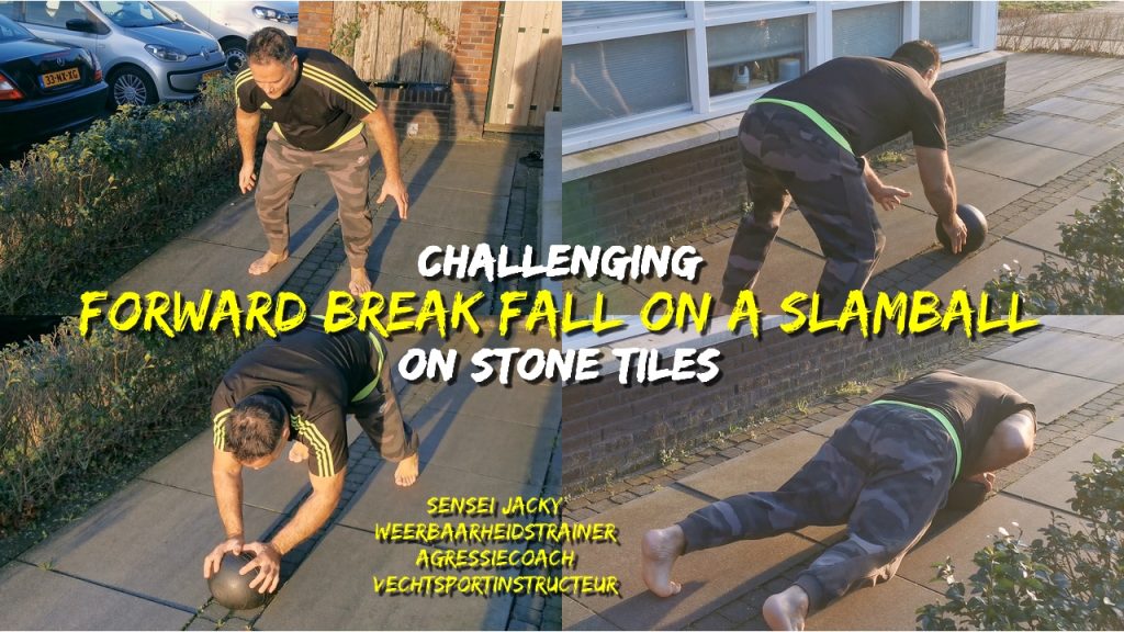Fall breaking training on a slamball on stone, forward breakfall, gripstrength, reflex, reaction