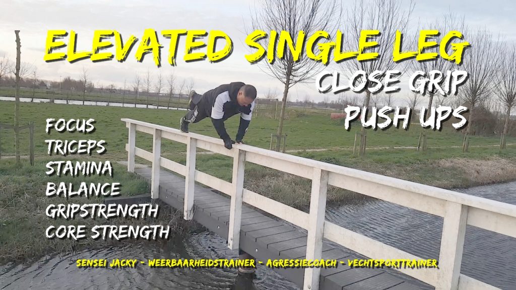 Push up exercise, gripstrength training, elevated single leg push ups on bridge railing in the park