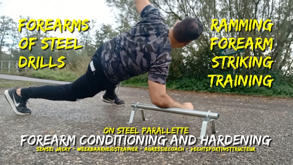 ramming forearm striking, training on steel parallette, forearms of steel, iron forearms, ijzeren onderarmen, onderarmen van staal